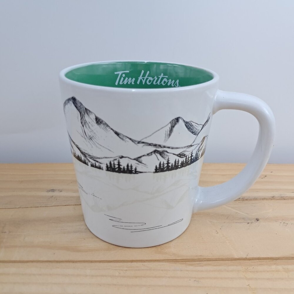 Tim Hortons Coffee Mug 2018 Mountain Landscape Scene White Green Ceramic Cup